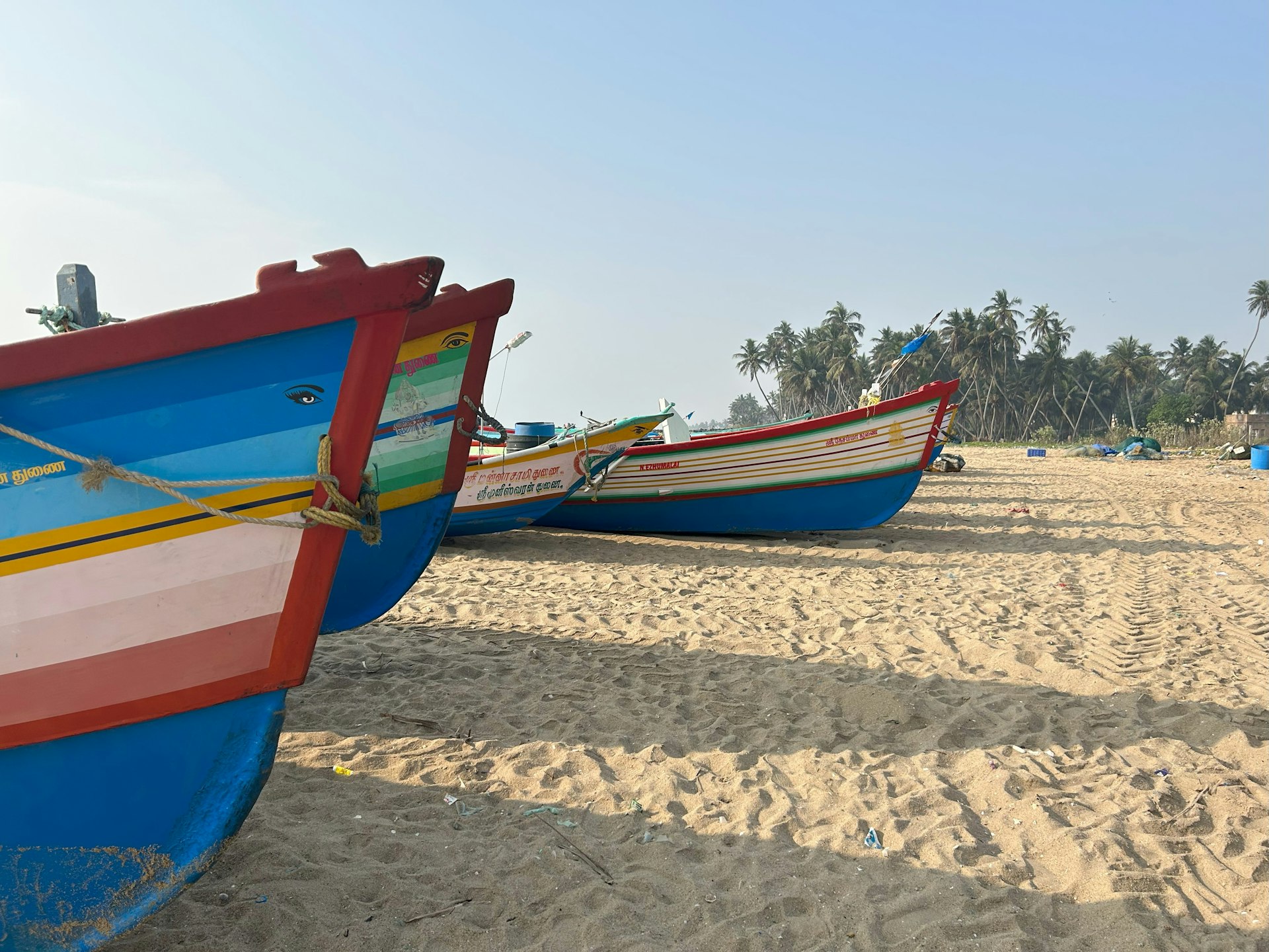 three boats on the beach with palm trees in the background